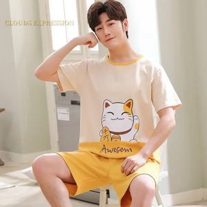 여름 니트 코튼 반팔 남성 잠옷 세트 남성 잠옷 세트 편지 잠옷 남성용 잠옷 정장 Homewear 크기 xXXXL
