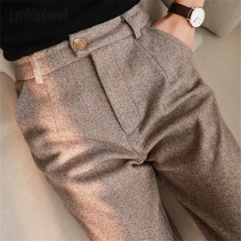 모직 바지 여성 하렘 펜슬 바지 2023 가을 겨울 하이 웨이스트 캐주얼 정장 바지 Office Lady Women Trousers