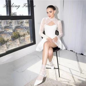 맞춤형 우아한 레이스 짧은 웨딩 드레스, 끈이 없는 긴 소매 미니 신부 드레스, 무릎 2025 섹시 태슬 웨딩 가운