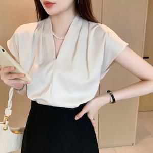 숙녀를위한 시폰 블라우스 여름 통근자 반팔 풀오버 한국 패션 Office Lady Cltoehs 탑 우아한 여성 셔츠