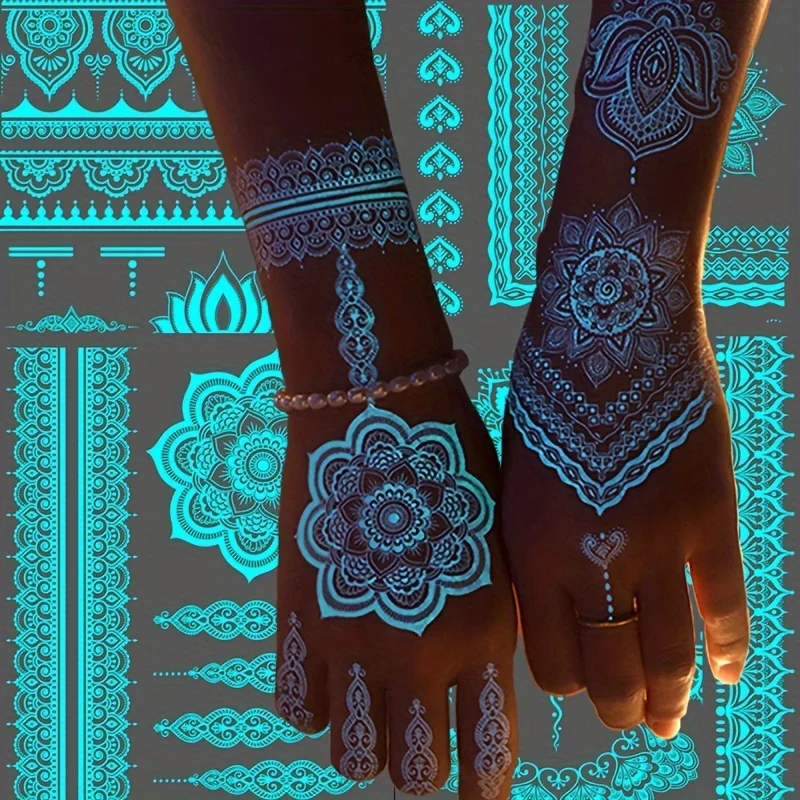 블루 루미너스 헤나 문신 화이트 만다라 스티커, 핸드 문 스타 나비, 가짜 문신, 여성 바디 아트, 빛나는 문신