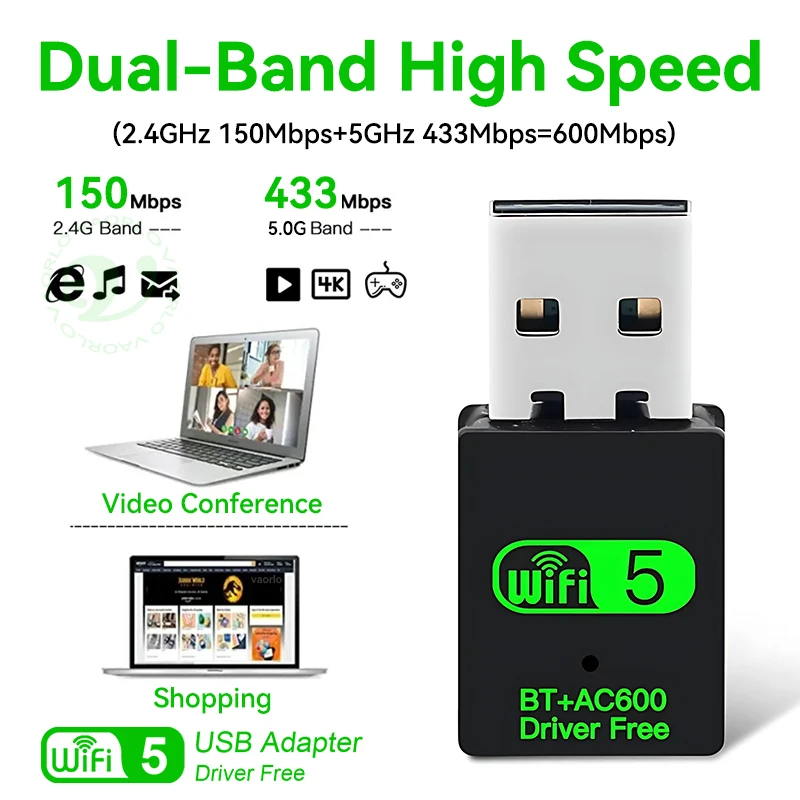 600Mbps USB WiFi 블루투스 어댑터 2 IN 1 듀얼 밴드 2.4G/5GHz Wi-Fi 동글 고속 무선 네트워크 카드 수신기 PC 노트북