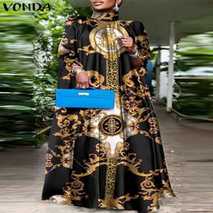 플러스 사이즈 5XL VONDA 여성 파티 Sundress 보헤미안 스탠드 칼라 민소매 프린트 맥시 드레스 캐주얼 배트 슬리브 새틴 롱 베스 티드