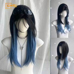합성 검은 색과 파란색 늑대 꼬리 가발 여성 긴 머리 여름 파란색 강조 해파리 숭어 머리 긴 스트레이트 헤어 Cos 가발