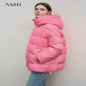 AMII 미니멀리스트 여성용 겨울 다운 재킷, 따뜻한 두꺼운 후드 파카 코트, 루즈 여성 통근자 퍼퍼 오버코트, 12444031, 2024 신상