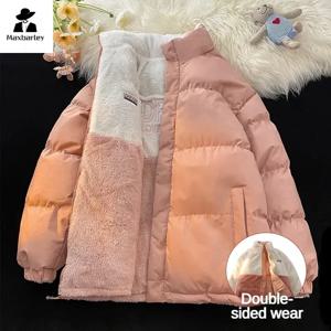 남성 및 여성용 보온 패딩 재킷, 캐주얼 단색 양면 웨어러블 디자인 파카, 스트리트 두꺼운 플리스 코트, 겨울