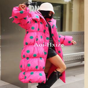여성용 도트 레인보우 프린트 롱 다운 재킷, 하이 퀄리티 스위트 후드 활 스플라이싱, 루즈한 두꺼운 화이트 덕 다운 코트, 겨울 신상