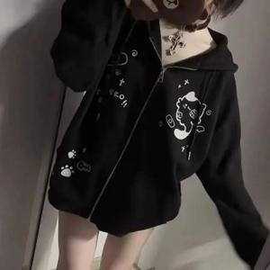 용수철 귀여운 고양이 프린트 집업 후디, 여성 스트리트웨어 맨투맨 Y2k 상의, 만화 일본 코트, 그런지 블랙 그레이, 가을 재킷