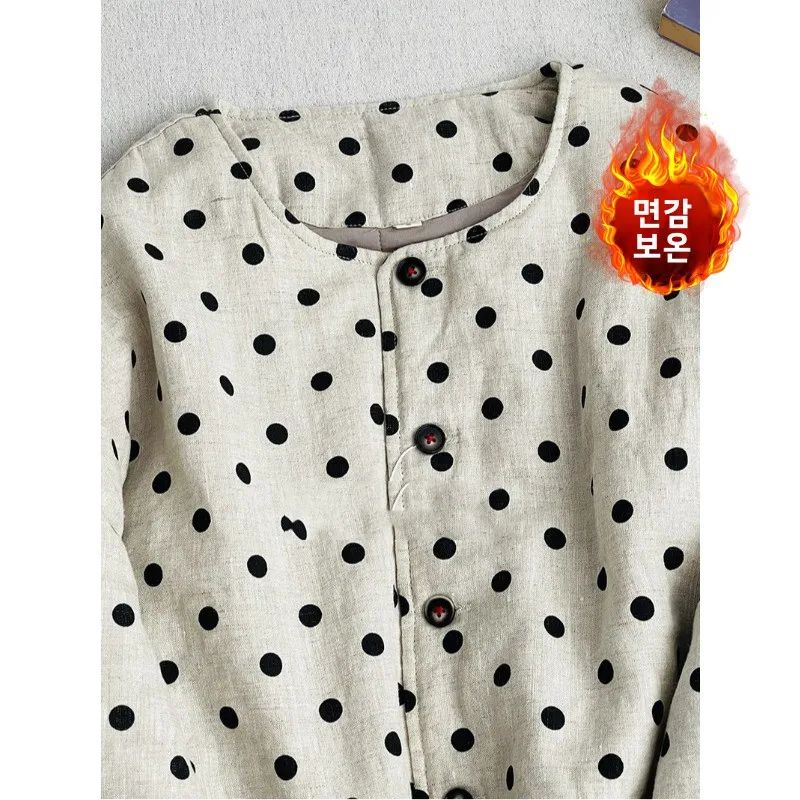 따뜻한 면 재킷 물방울 무늬 프린트 캐주얼 라운드 넥 두꺼운 겨울 코트 플러스 사이즈 여성용 출퇴근 스타일 루즈핏 면 외투