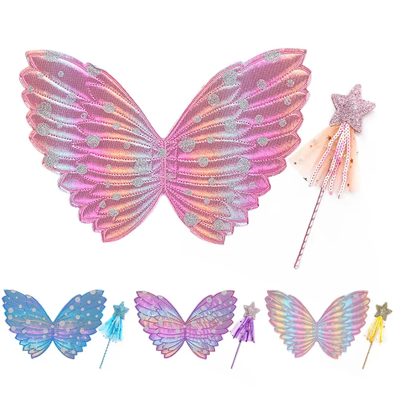 그라데이션 레인보우 나비 날개, 요정 마술 지팡이, 유아 어린이 사진 소품, 아기 핑크, 귀여운 원피스 액세서리