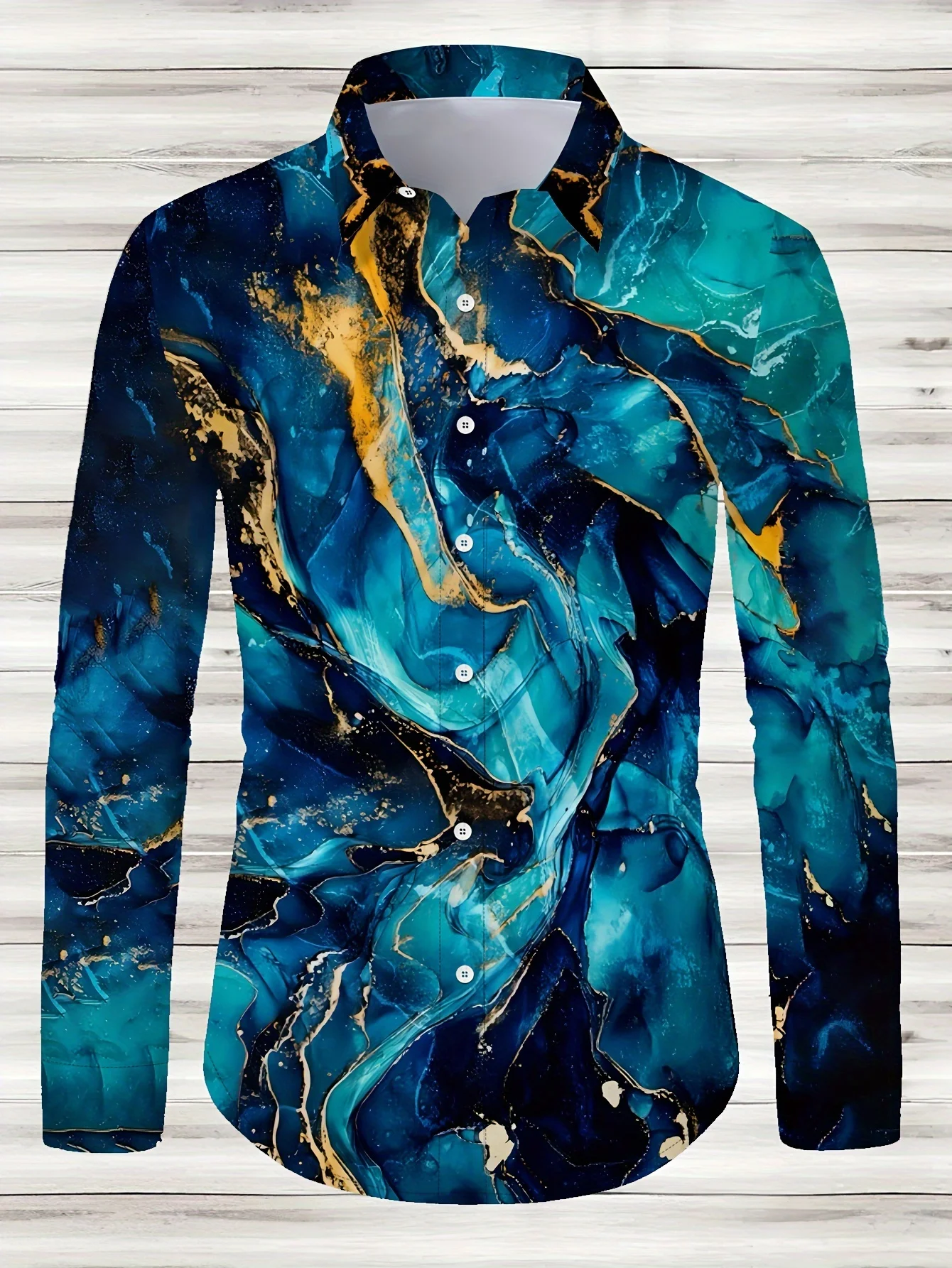 남성용 기하학 무늬 캐주얼 버튼다운 셔츠 - 폴리에스테르 혼방, 라펠 칼라, 신축성이 없는 원단 긴소매 셔츠