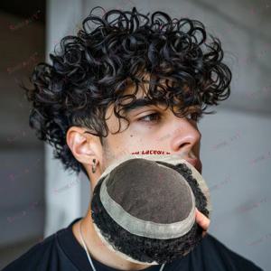 남성용 통기성 곱슬 100% 모세 혈관 보형물 시스템, 호주 레이스 및 PU 베이스 가발, 내추럴 헤어라인, 28mm