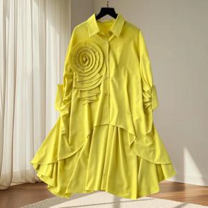 2025,신상,유럽,의류,루즈,블라우스,시크,터닝다운 칼라,불규칙,입체 꽃,여성,배트윙 슬리브,탑,41293