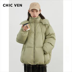 CHIC VEN 여성용 다운 코트, 루즈 솔리드 후드, 90 화이트 덕 다운, 여성 다운 재킷, 미디엄 롱 따뜻한 재킷, 가을 겨울 2024
