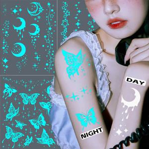 야광 방수 임시 문신 스티커, 나비 별 달 발광 플래시 문신, 여성 남성 팔 일회용 전송 가짜 문신