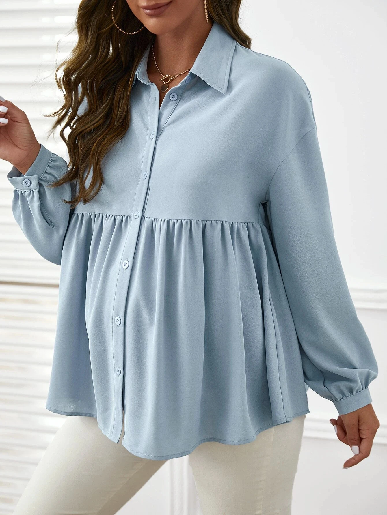 출산 의류 의류 여성 봄 패션 임신 솔리드 컬러 셔츠 긴 소매 옷깃 프릴 블라우스