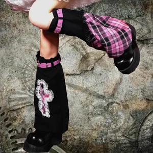 2025 일본 연인 귀여운 무릎 보호대 레깅스 로리타 보라색 격자 무늬 송아지 커버 매운 소녀 Y2K JK 카와이 무릎 송아지 커버