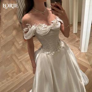 LORIE 3D 꽃 반짝 이는 웨딩 드레스 오프 어깨 아플리케 레이스 신부 가운 공주 Pleats 비치 웨딩 드레스 맞춤형