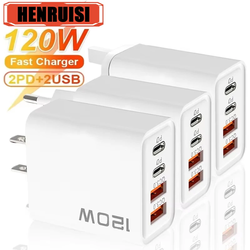 PD 120W 4 포트 USB C 충전기 빠른 충전 3.0 유형 C USB 전화 충전기 삼성 iPhone Xiaomi Huawei 용 고속 충전 어댑터