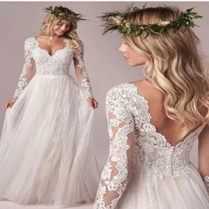 Boho 긴 소매 a 라인 웨딩 드레스 여성을위한 코르셋 낮은 뒤 바닥 길이 레이스 appiques tulle bridal 가운 맞춤형