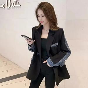 독특한 디자인 데님 스티치 블레이저 자켓 여성 봄 가을 새로운 카우보이 정장 코트 여성 캐주얼 겉옷 블레이저 숙녀상의