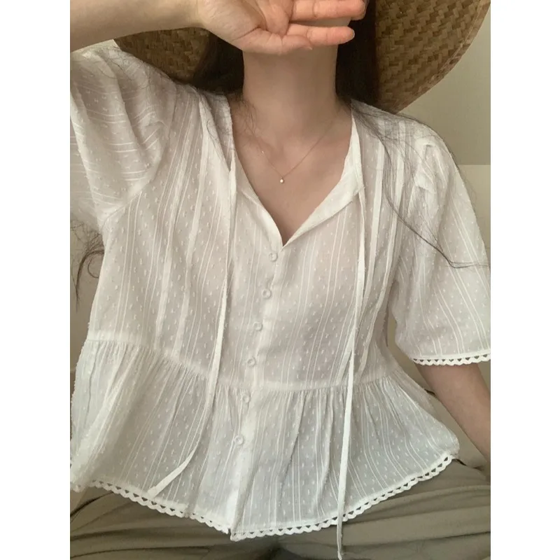 멋진 루즈핏 레이스 반팔 자수 셔츠 한국 스타일 면 통근 패션 여성 레귤러 핏 셔츠 단색