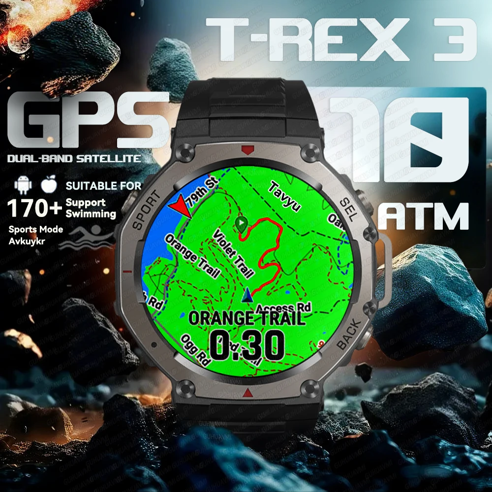신형 T-Rex3 GPS 스마트워치 2025 GUHUAVMI 밀리터리 스마트워치 남성용 10ATM 방수 170가지 스포츠 모드 내장 GPS BT 통화
