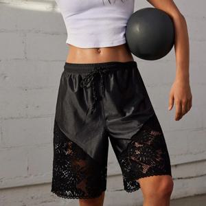 여성 Y2k 반바지 Culotte 하프 슬립 새틴 블루머 바지 레이스 패치 워크 바지 신축성있는 허리 슬립 반바지