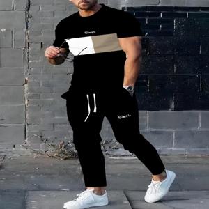 남자 2025 여름 접합 편지 3D 인쇄 패턴 통기성 빠른 건조 탑 트렌디 소프트 탑 스트리트 라운드 넥 티셔츠 세트