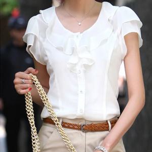 1pcs 여성 여름 한국 프릴 셔츠 레이디 쉬폰 연꽃 잎 슬리브 턴 다운 칼라 슬림 피트 셔츠 여성 비즈니스 복장 탑