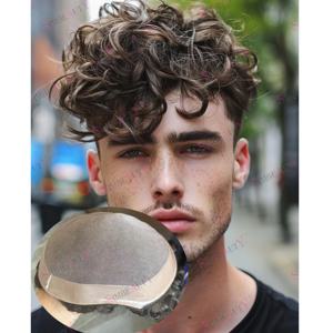 남자를위한 슈퍼 내구성 26mm 곱슬 헤어 피스 통기성 컴포트 블랙 남성 인모 가발 남성 천연 헤어 시스템 보철물