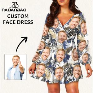 나만의 이미지 맞춤 여성 V넥 하와이안 페이스 드레스 DIY 나만의 로고 또는 텍스트 드레스 맞춤 여름 긴팔 파티 드레스