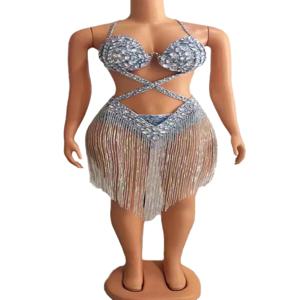 여성 가수 라인스톤 체인 프린지 튜브탑 무대 공연 드레스 정장 여성 우아한 바디 투명 프린지 드레스