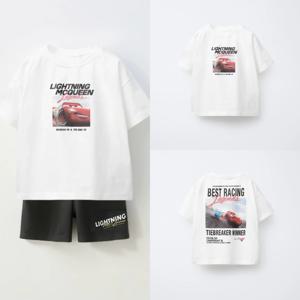 2025 여름 옷 어린이 만화 자동차 인쇄 티셔츠 + 반바지 소년 어린이 라운드 넥 티셔츠 느슨한 간단한 반바지 유행 의상 정장