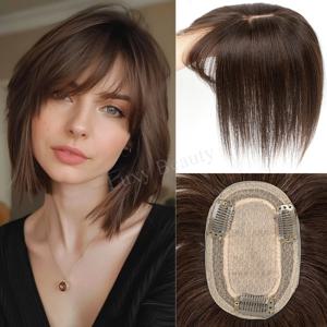 내추럴 브라운 인모 부분 가발 (앞머리 포함) 여성용 8X12cm 블랙 하이라이트 블론드 스킨 두피 클립형 부분 가발 인모