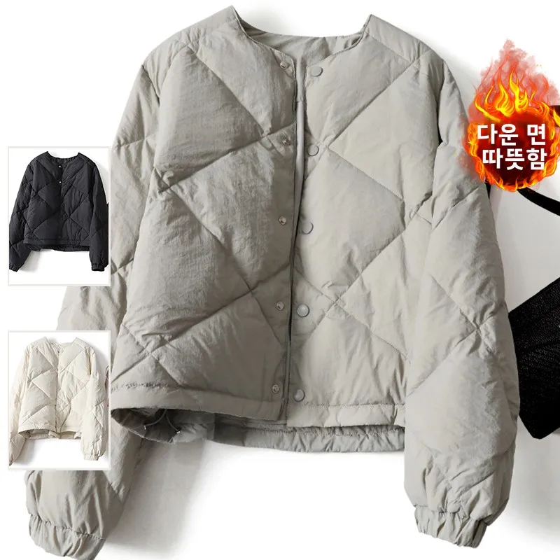 우아한 단색 다이아몬드 패턴 다운 코튼 두꺼운 겨울 패션 라운드 넥 따뜻한 코튼 코트 대형 사이즈 여성용 아우터웨어