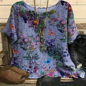 플러스 사이즈 여성 꽃 프린트 패션 캐주얼 반소매 라운드 넥 티셔츠