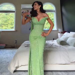 맞춤형 글리터 스팽글 프롬 드레스 스윗하트 드레이프 머메이드 미트 갈라 드레스 여성용 그린 바디콘 정장 맥시 드레스