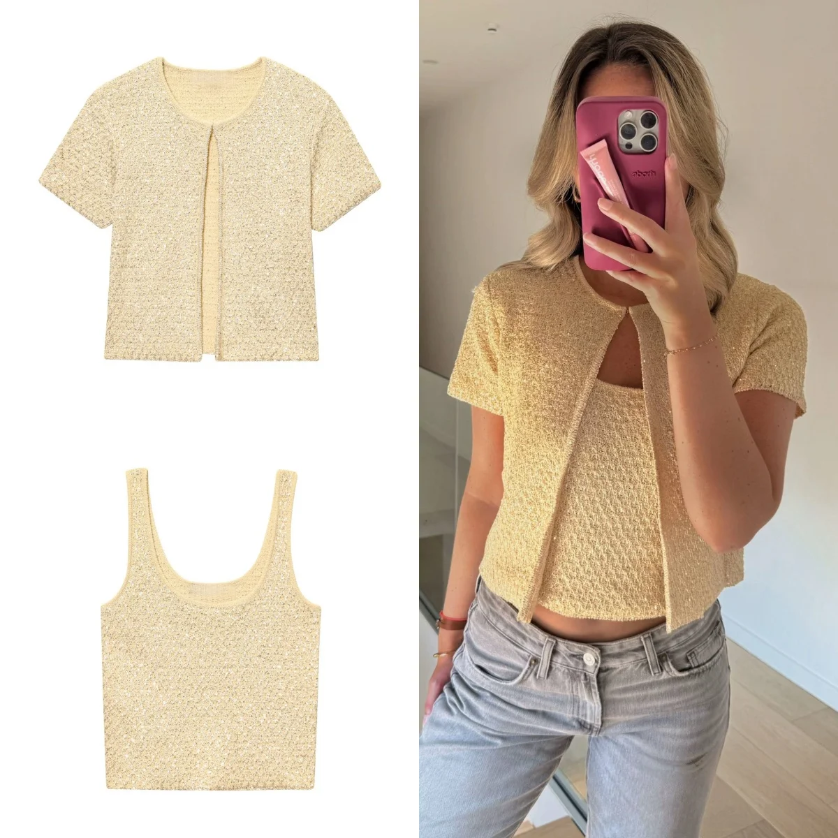 유니제라 패션 감각 시퀸 니트 자켓 + 니트 캐미솔 탑 여성 의류 2025 여름 신상 세트