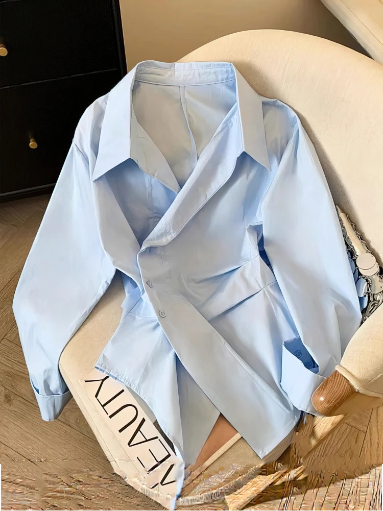 디자이너 불규칙 긴팔 폴로 셔츠 여성 튜닉 화이트 우아한 베이직 탑 블라우스 여성 패션 워크웨어 셔츠