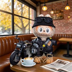 Labubu 17cm 마카롱 인형 아기 옷 트렌드 캐주얼 정장 옷만 앉아 파티 패션 오토바이 작은 가죽