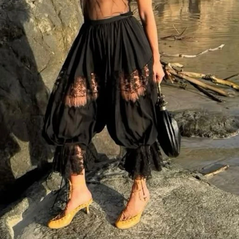 여성 꽃 레이스 쉬어 시스루 패치 워크 블루머 캐주얼 루즈 드로우 스트링 탄성 하이 웨이스트 크로프트 카프리 바지 바지