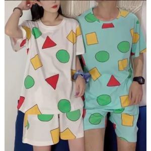 여름 캐주얼 커플 잠옷 세트귀여운 만화 프린트, 반팔 잠옷데일리 패션 루즈 홈파자마 일본 커플 잠옷