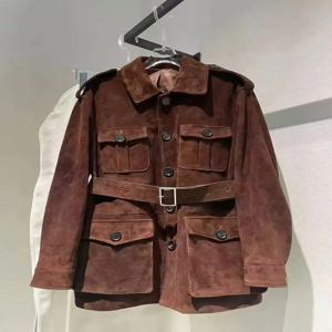 레트로 여성용 수입 키드 스웨이드 가죽 롱 재킷 2025 겨울 천연 가죽 레트로 초콜릿 윈드브레이커 벨트 미디 스트리트