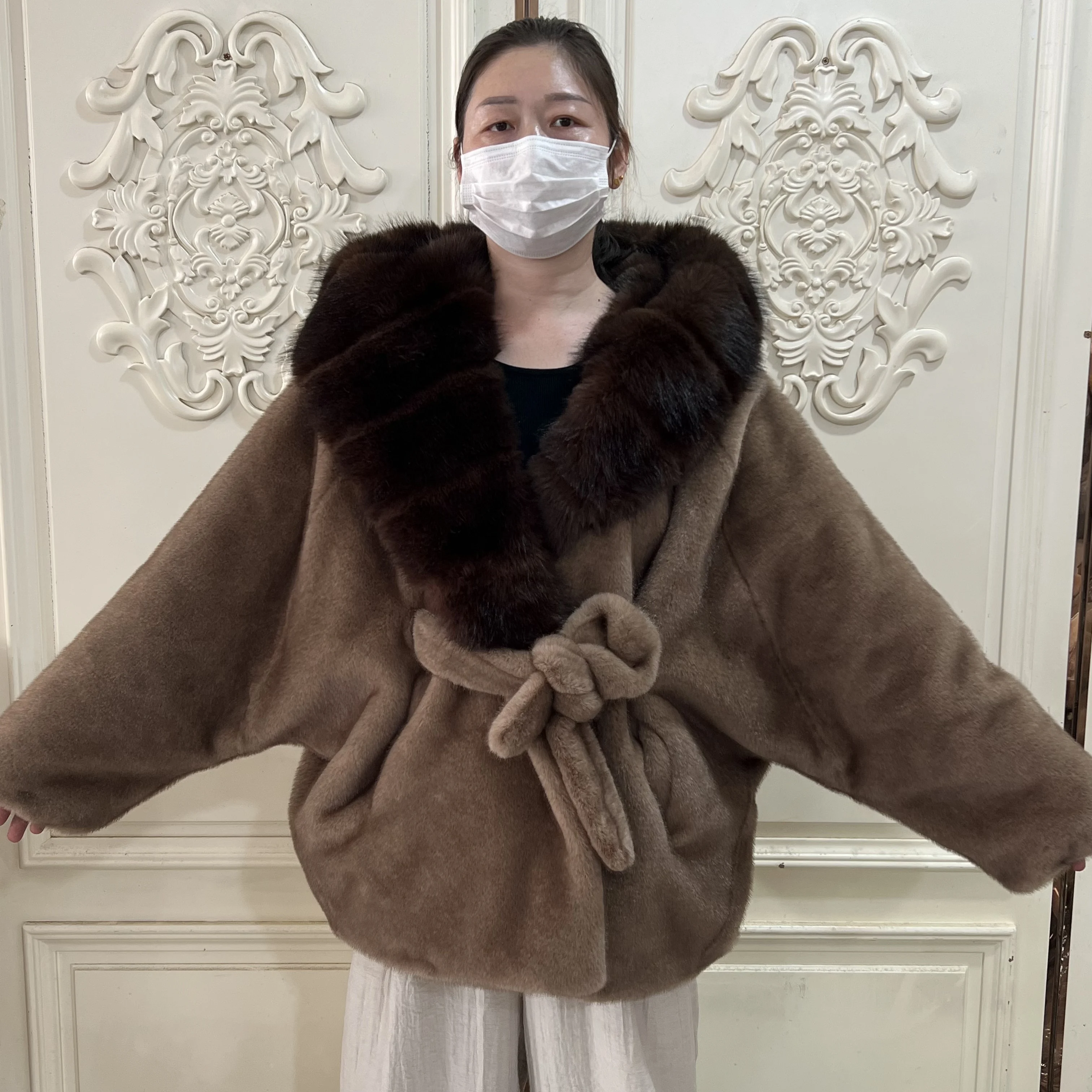 인조 밍크 퍼 패셔너블한 한국 스타일 루즈핏 여성용 모자 자켓 퍼 코트