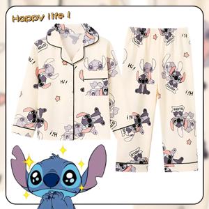 2pcs 스티치 인쇄 가을과 겨울 어린이 파자마 세트 소년과 소녀, 긴 소매 탑 & 바지 세트, 스티치 편안한 캐주얼 세트