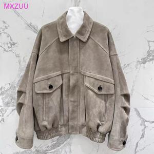 여성용 리얼 스웨이드 재킷 가을 겨울 루즈핏 라펠 지퍼 툴링 포켓 그레이/브라운 염소 가죽 프로필 코트 몬타우 여성용