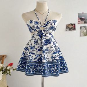 여자의 로맨틱 꽃 프린트 홀터넥 넥 섹시한 유행 드레스 게으른 세련된 휴가 스타일 드레스를 만들기 쉬운