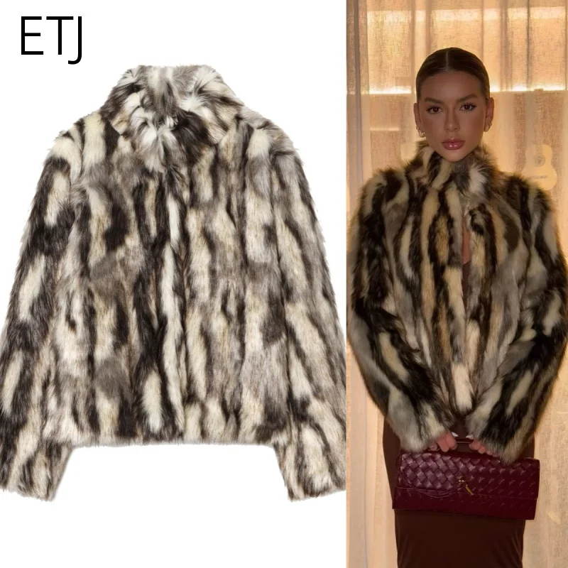2025년 겨울 여성용 신상 패션 애니멀 프린트 내추럴 컬러 인조 모피 스탠딩 칼라 재킷 따뜻한 숏 코트
