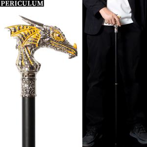 밝은 은색에 노란 용 머리가 달린 장식용 지팡이 코스프레 빈티지 여성 파티 패셔너블 워킹 케인